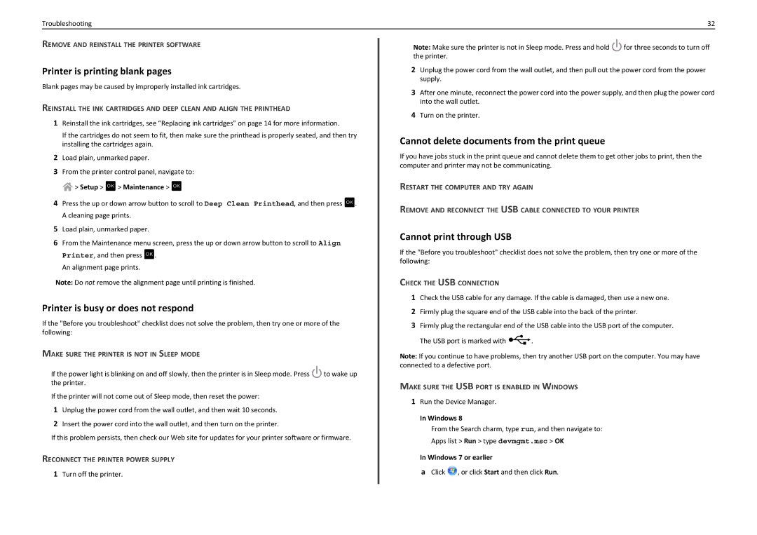 Lexmark S310 manual Printer is printing blank pages, Printer is busy or does not respond, Cannot print through USB 