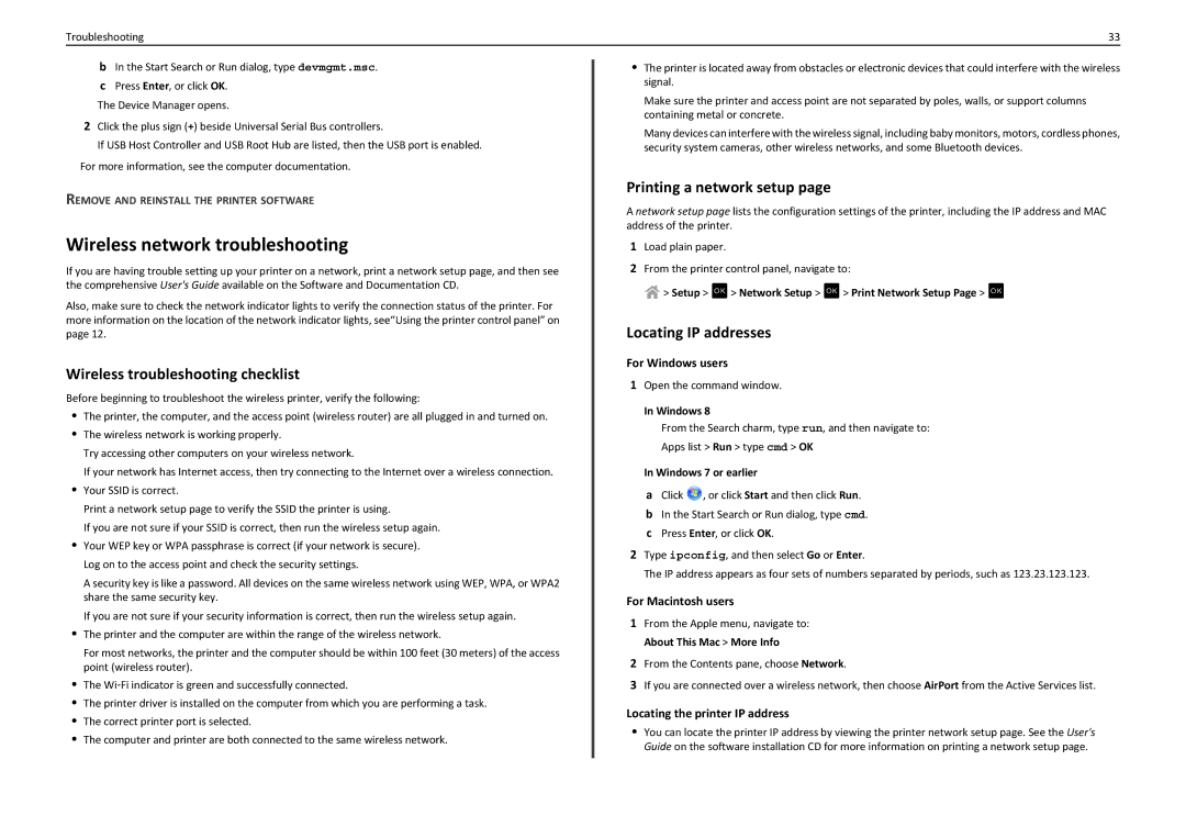 Lexmark S310 manual Wireless network troubleshooting, Wireless troubleshooting checklist, Printing a network setup 