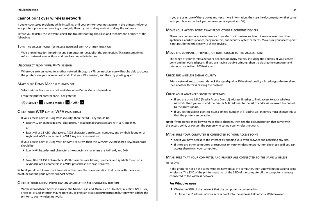 Lexmark S310 manual Cannot print over wireless network, Setup OK Demo Mode OK Off OK 