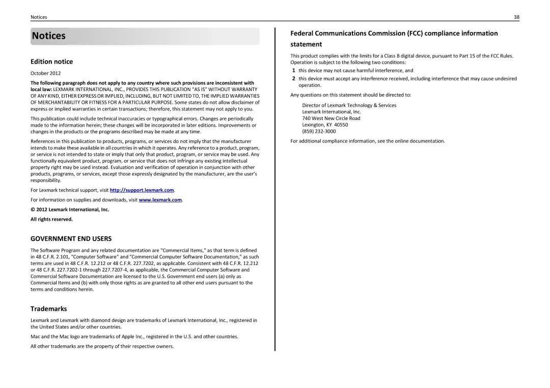 Lexmark S310 manual Edition notice, Trademarks, Lexmark International, Inc All rights reserved 