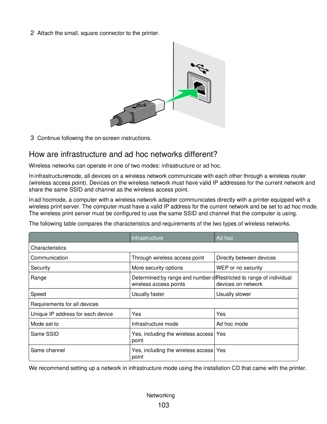 Lexmark S400 Series manual How are infrastructure and ad hoc networks different?, 103 