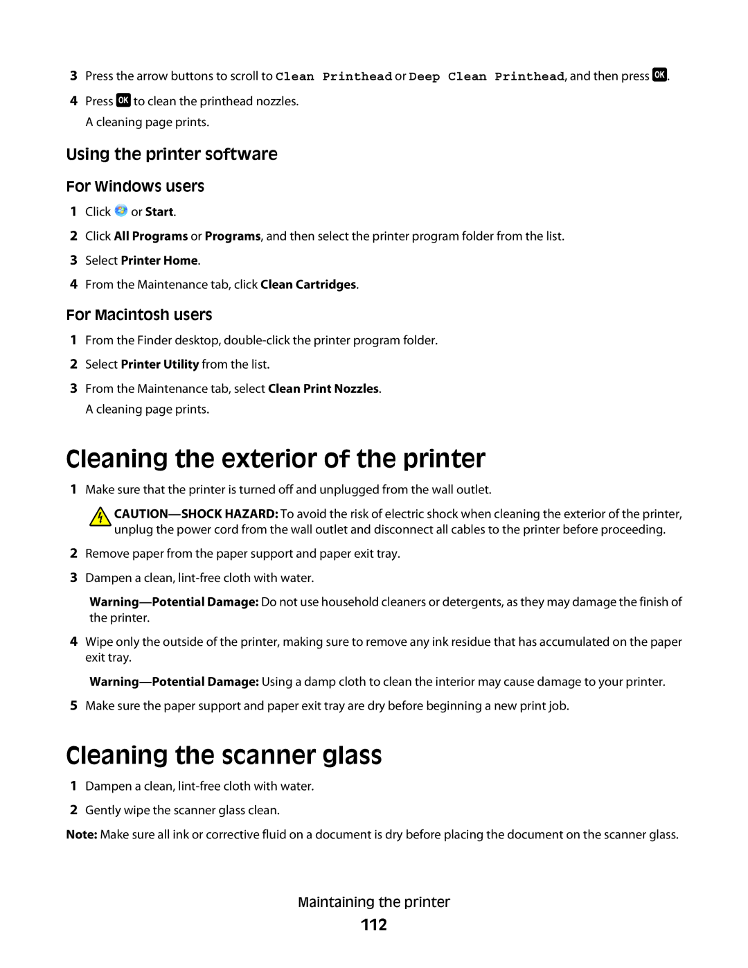 Lexmark S400 Series manual Cleaning the exterior of the printer, Cleaning the scanner glass, 112 