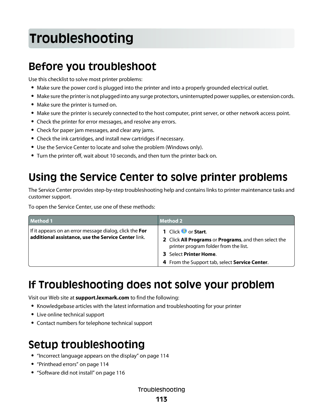 Lexmark S400 Series manual Troublesho oting, Before you troubleshoot, Using the Service Center to solve printer problems 