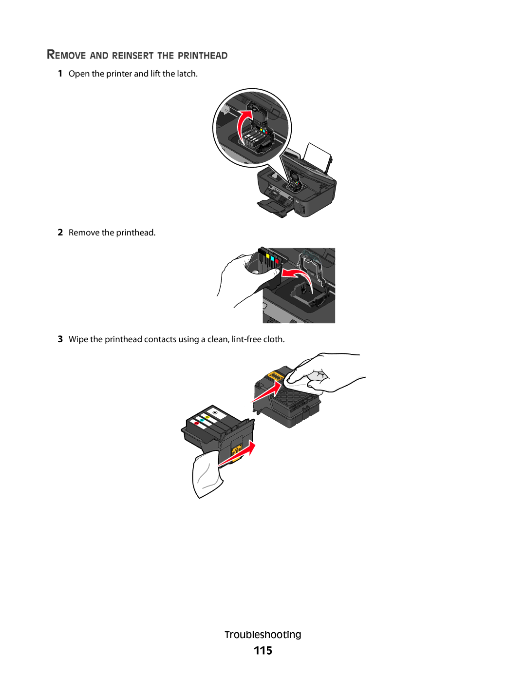 Lexmark S400 Series manual 115, Remove and Reinsert the Printhead 