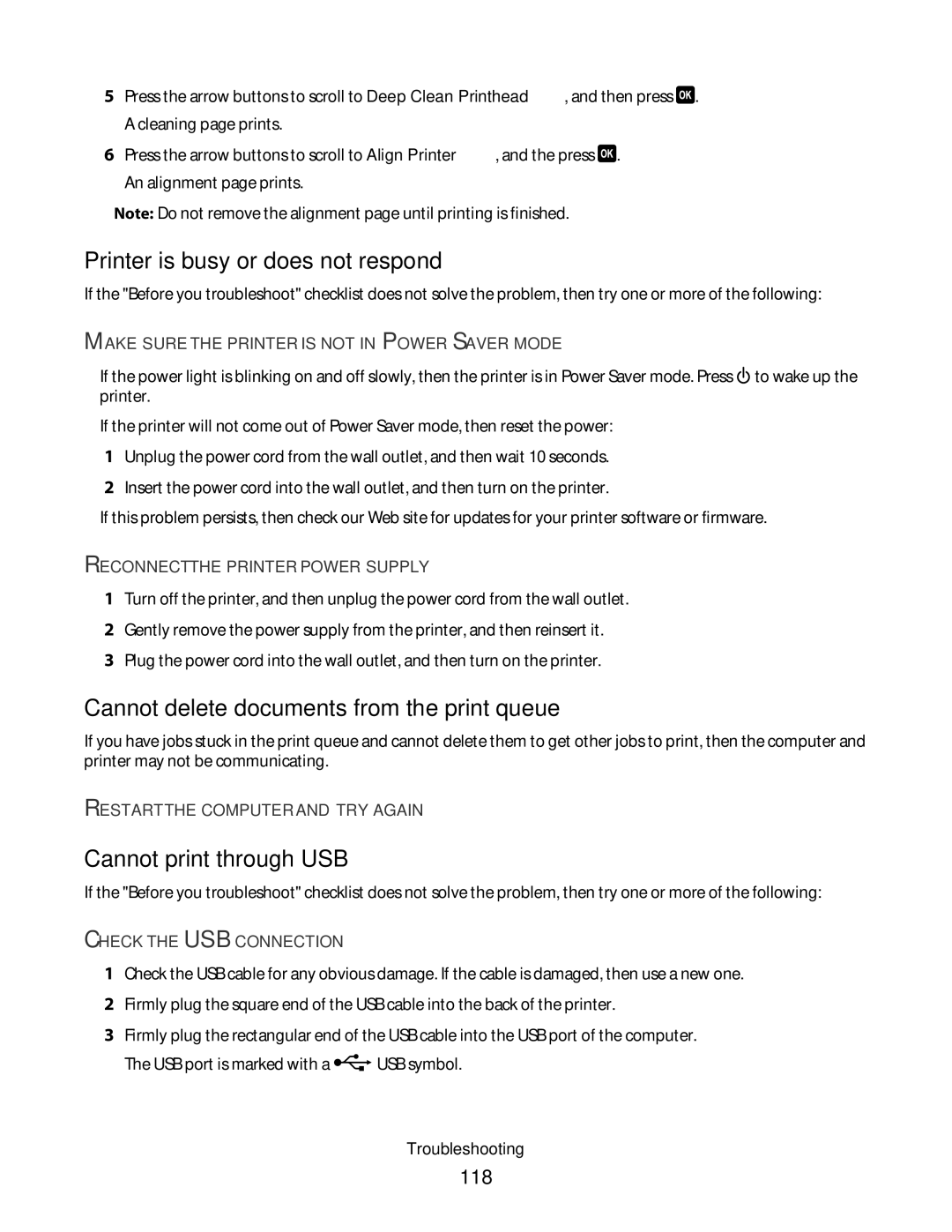 Lexmark S400 Series manual Printer is busy or does not respond, Cannot delete documents from the print queue, 118 