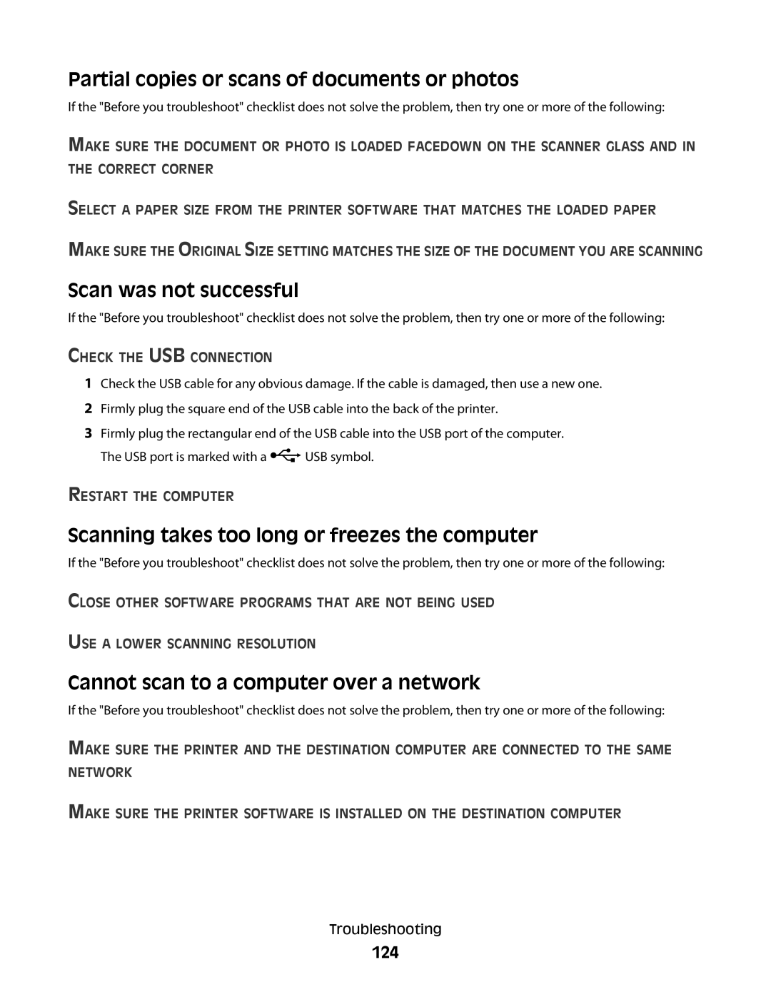 Lexmark S400 Series manual Partial copies or scans of documents or photos, Scan was not successful, 124 