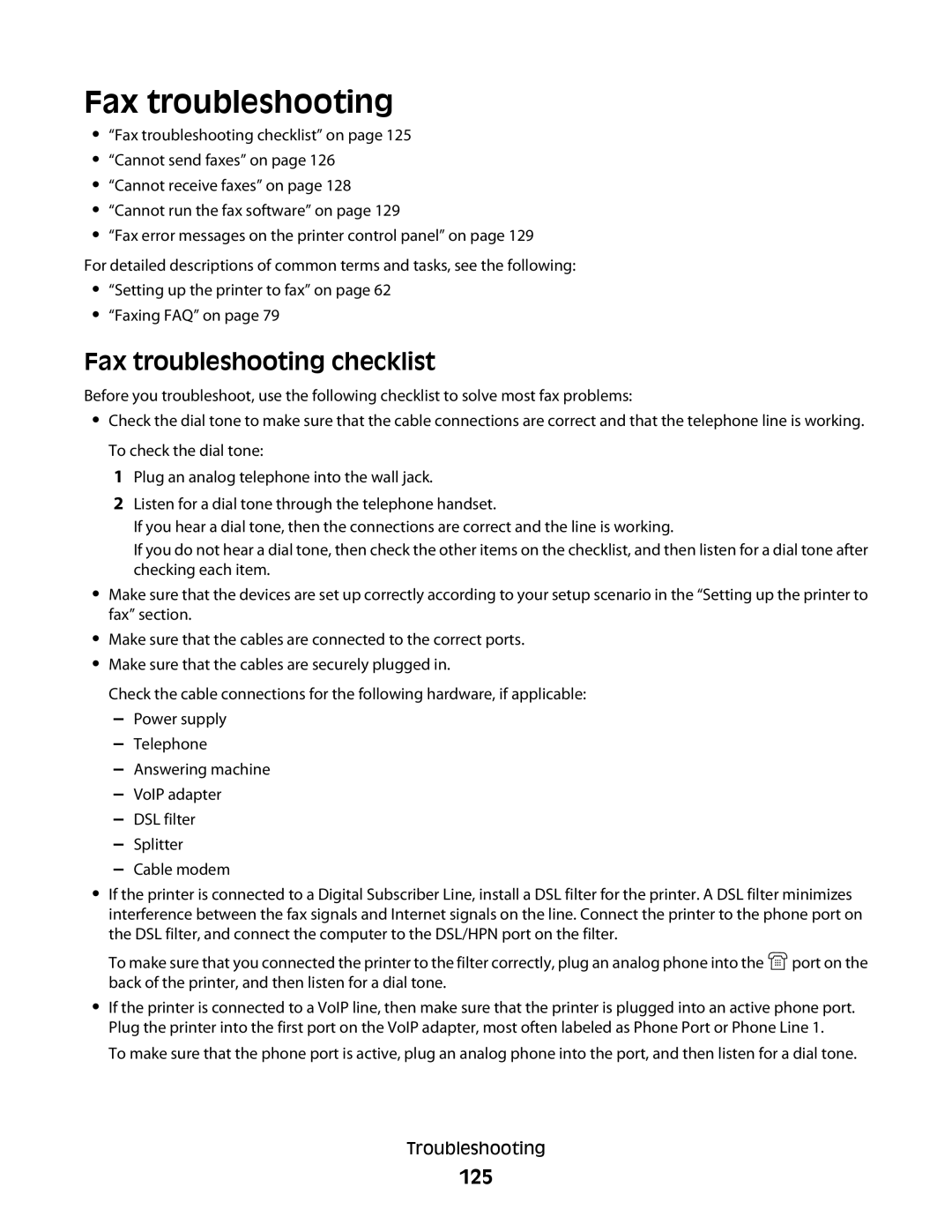 Lexmark S400 Series manual Fax troubleshooting checklist, 125 