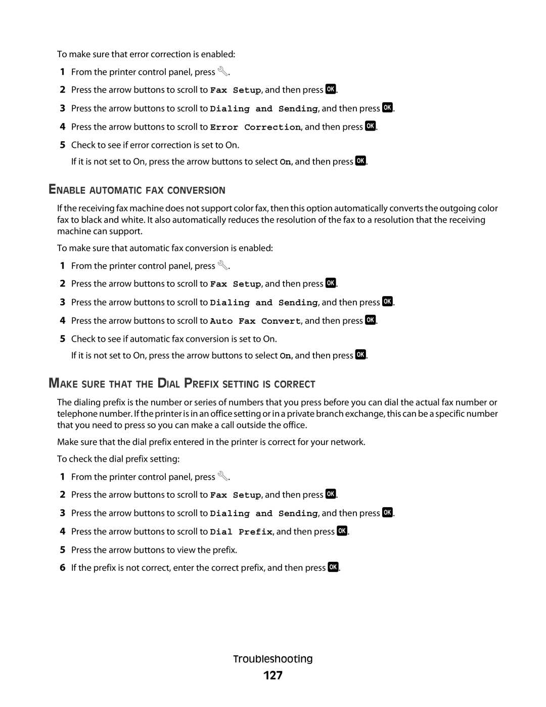 Lexmark S400 Series manual 127, Enable Automatic FAX Conversion, Make Sure That the Dial Prefix Setting is Correct 