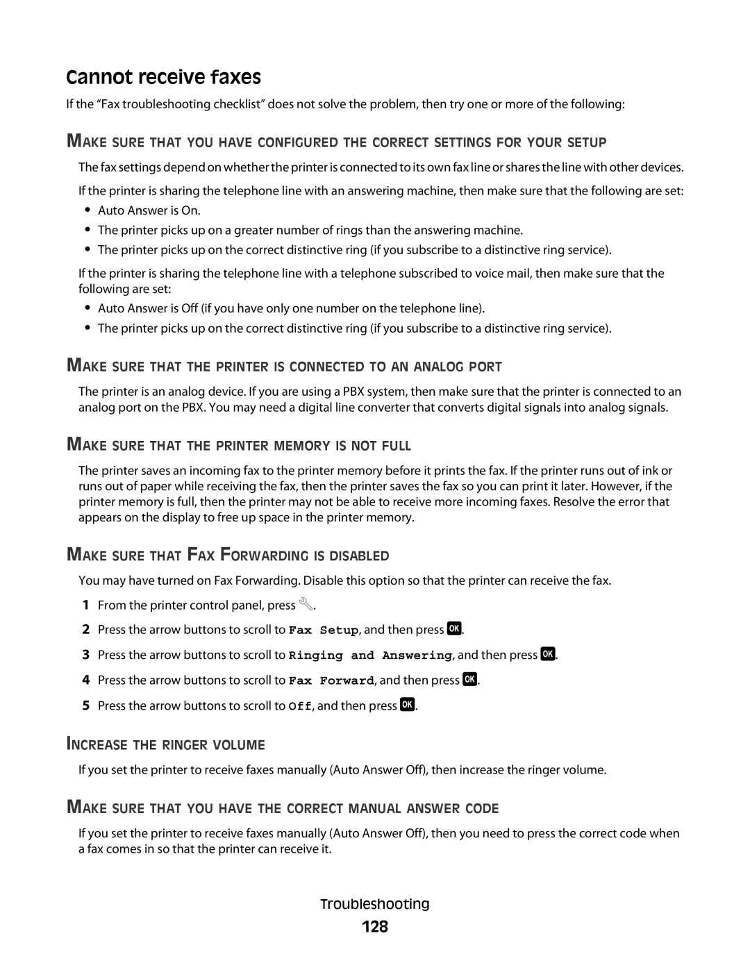 Lexmark S400 Series manual Cannot receive faxes, 128 