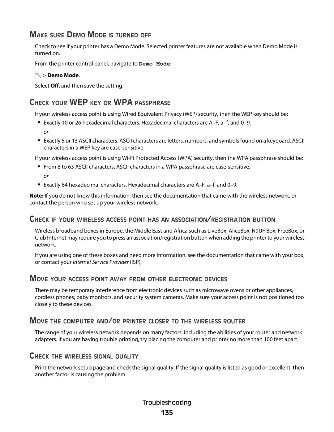 Lexmark S400 Series manual 135, Make Sure Demo Mode is Turned OFF, Check Your WEP KEY or WPA Passphrase 