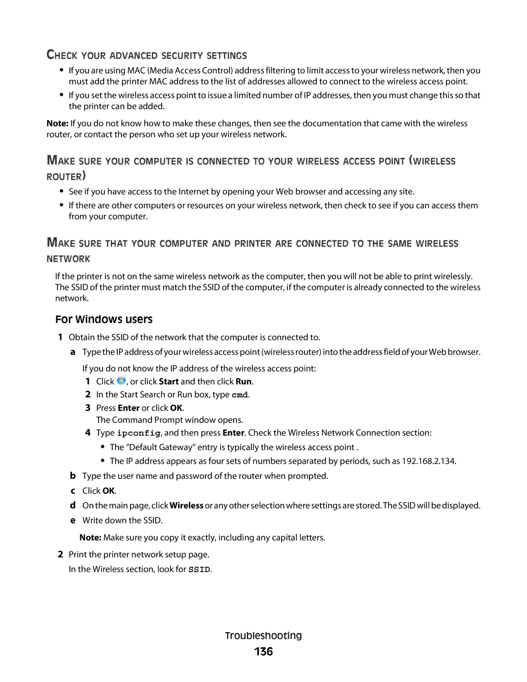 Lexmark S400 Series manual 136, Check Your Advanced Security Settings 