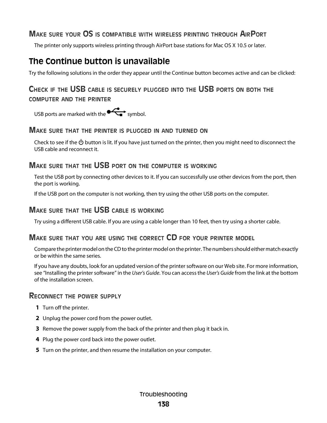 Lexmark S400 Series manual Continue button is unavailable, 138 