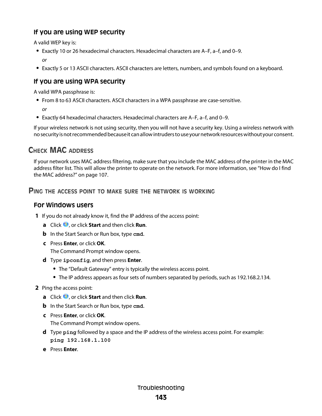 Lexmark S400 Series manual 143, Ping the Access Point to Make Sure the Network is Working 