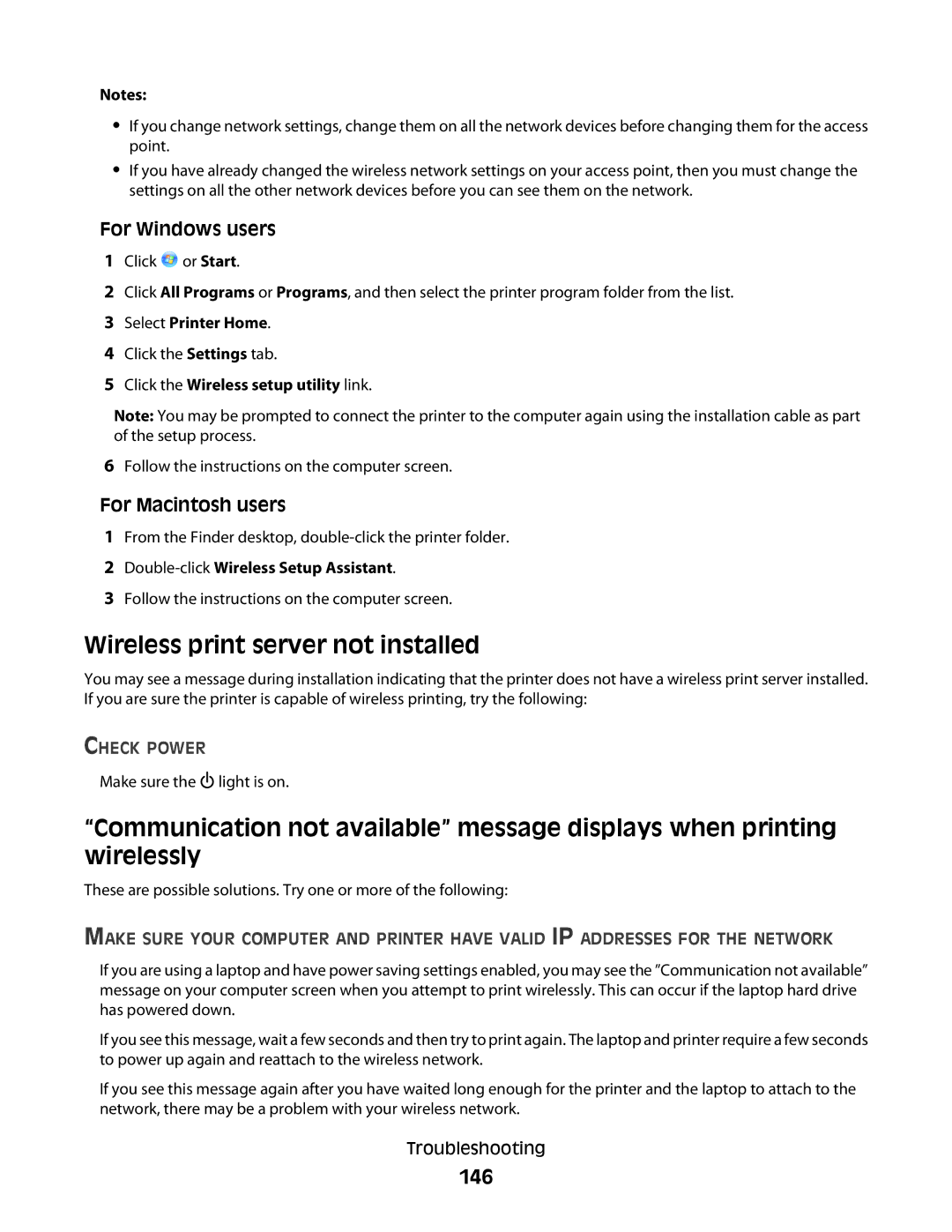 Lexmark S400 Series manual Wireless print server not installed, 146 