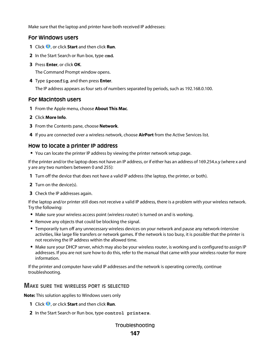 Lexmark S400 Series manual 147, How to locate a printer IP address, Make Sure the Wireless Port is Selected 