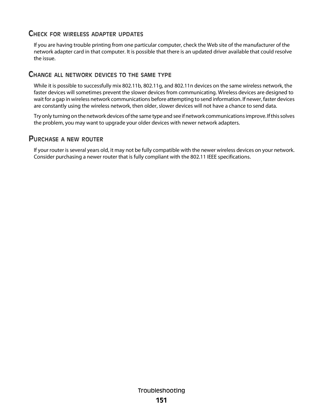 Lexmark S400 Series manual 151, Check for Wireless Adapter Updates, Change ALL Network Devices to the Same Type 