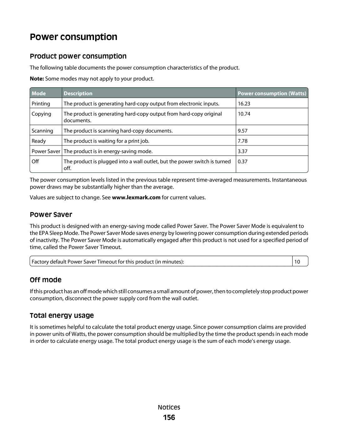 Lexmark S400 Series manual Power consumption, 156 