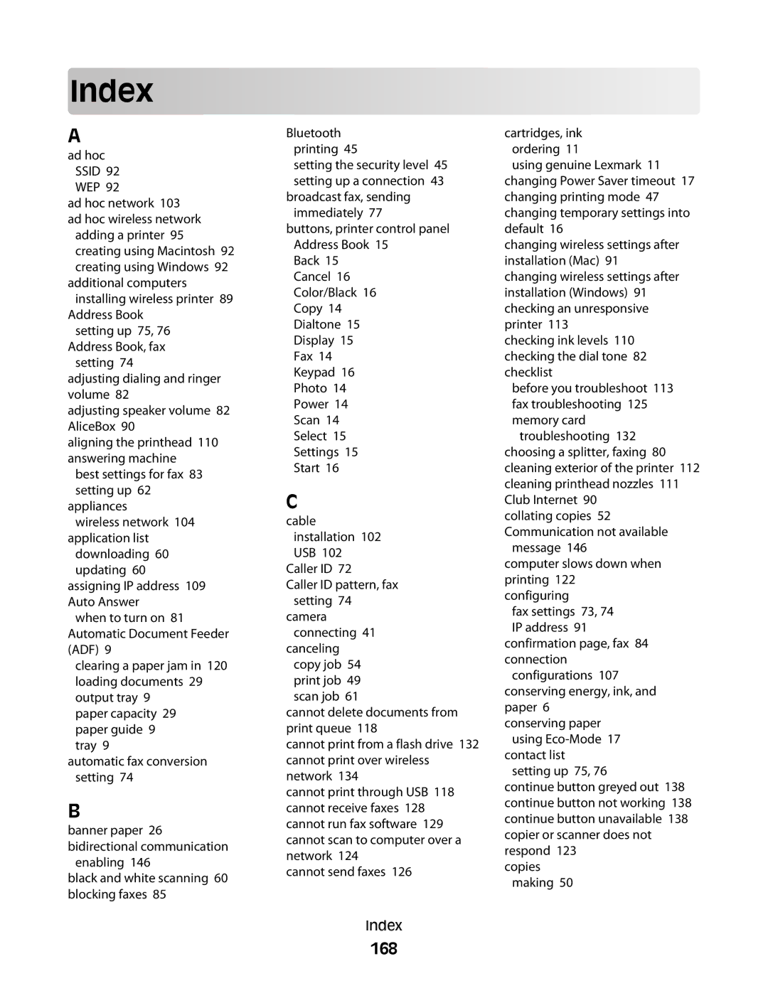 Lexmark S400 Series manual Index, 168 
