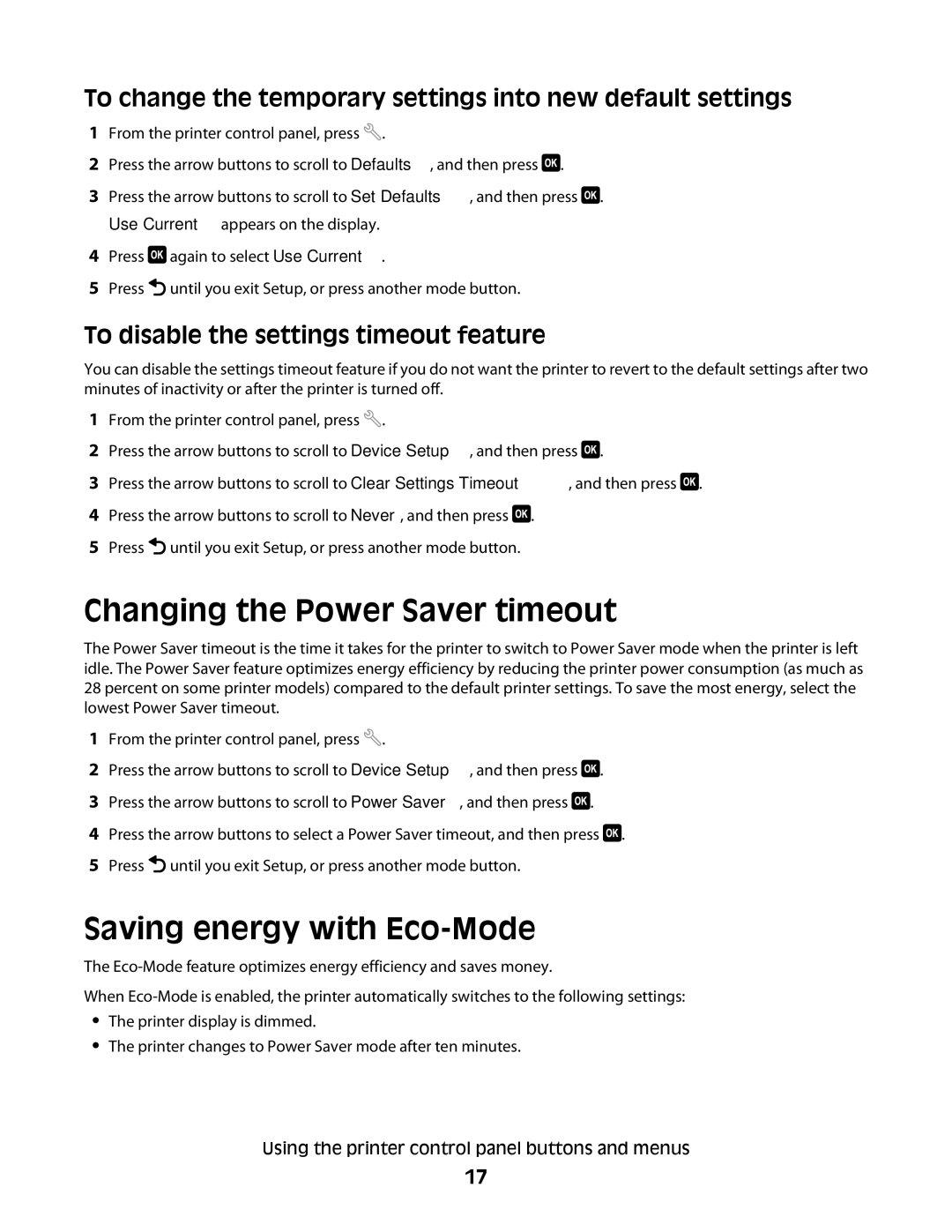 Lexmark S400 Series Changing the Power Saver timeout, Saving energy with Eco-Mode, To disable the settings timeout feature 