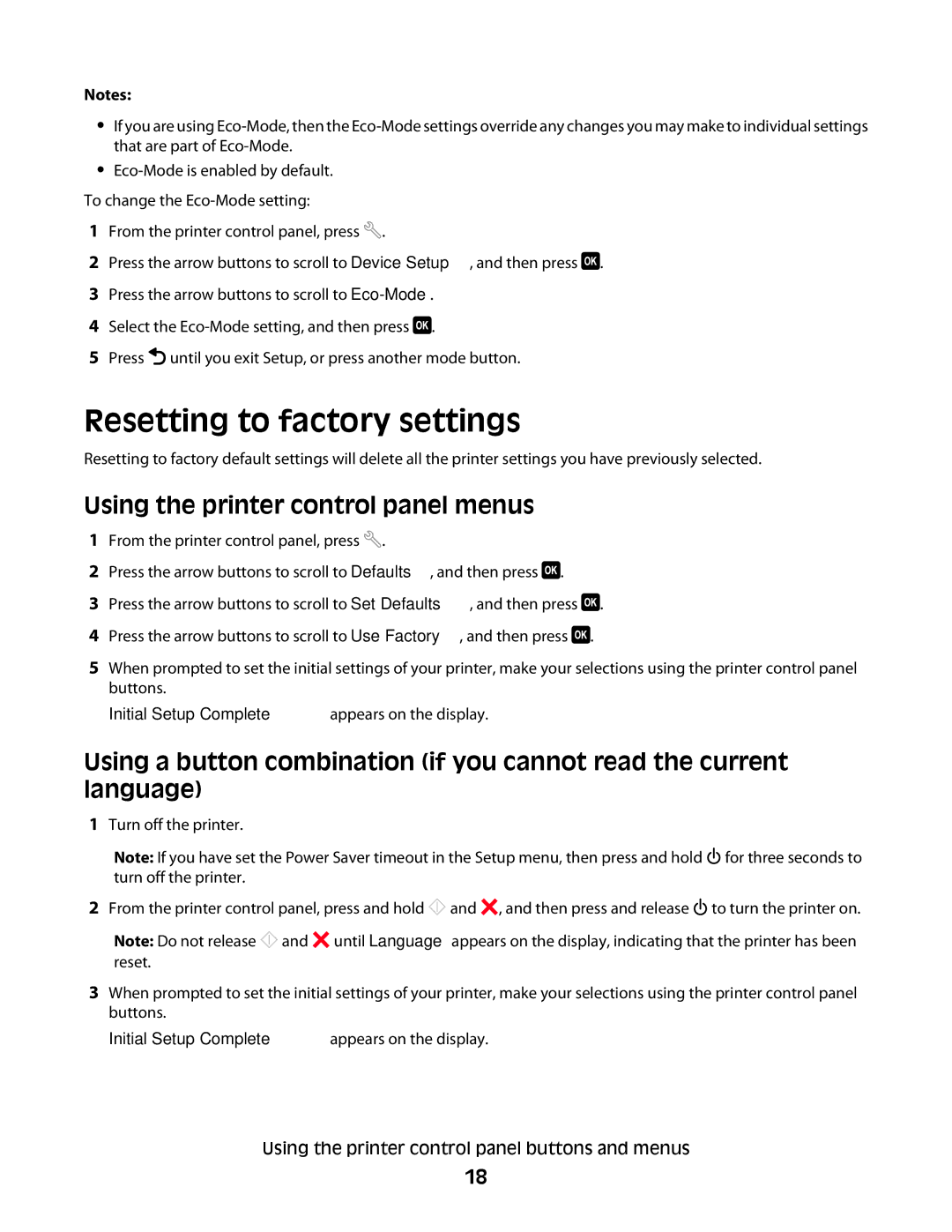 Lexmark S400 Series manual Resetting to factory settings, Using the printer control panel menus 