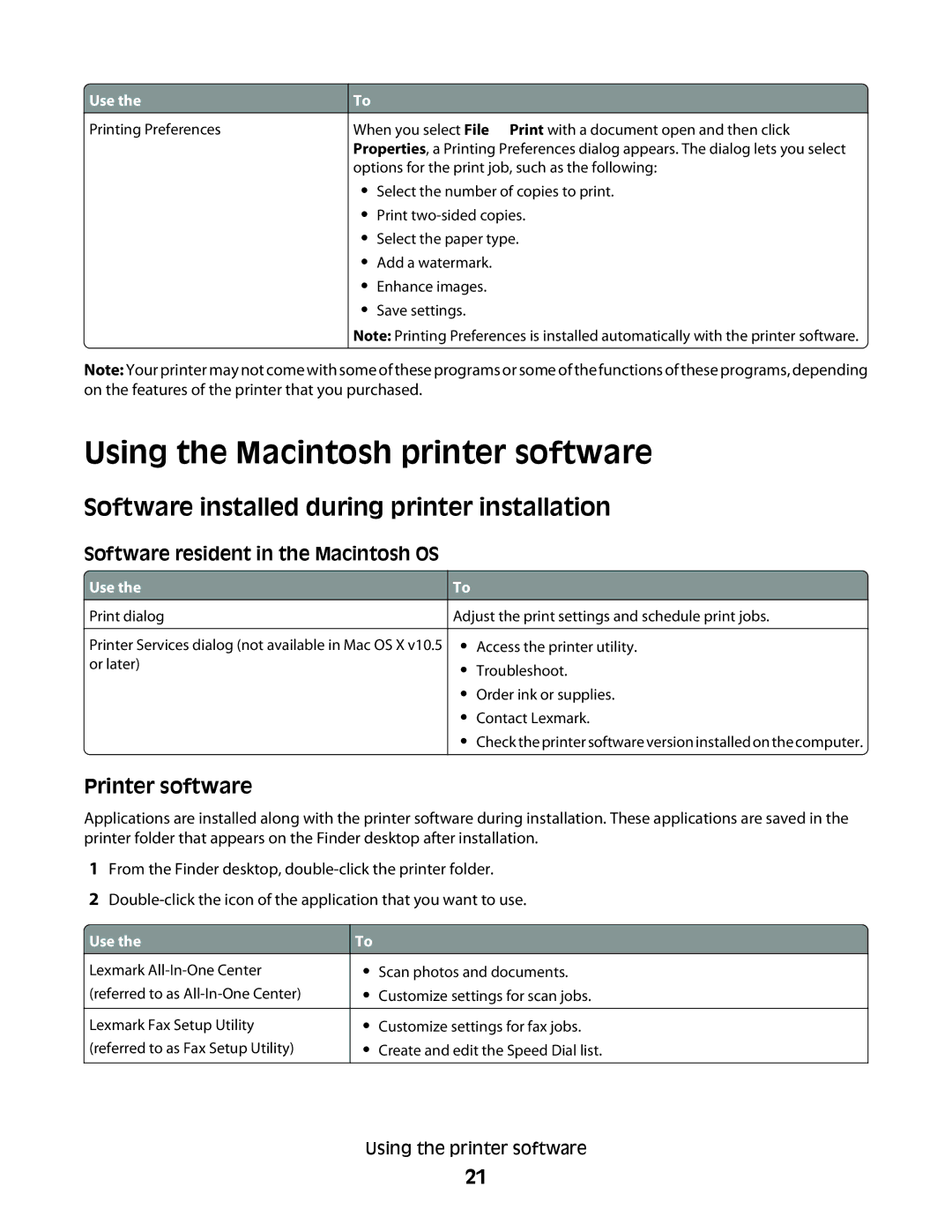 Lexmark S400 Series manual Using the Macintosh printer software, Printer software, Software resident in the Macintosh OS 