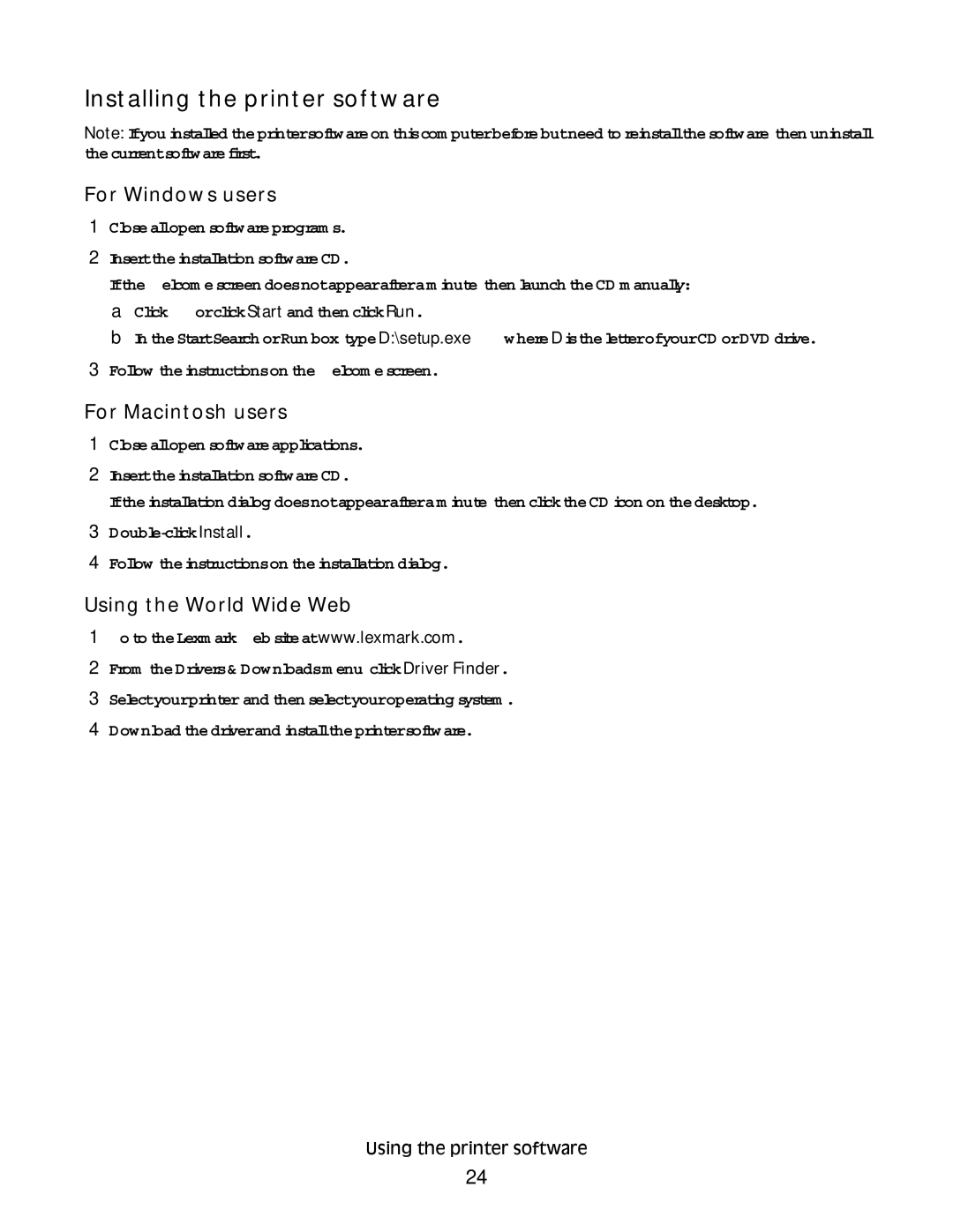 Lexmark S400 Series manual Installing the printer software, Using the World Wide Web 