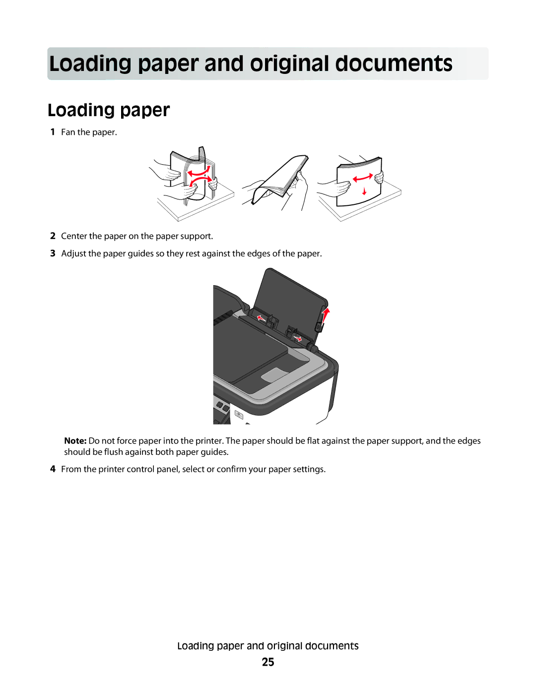 Lexmark S400 Series manual Load in g pape r a nd ori gi nal do cu ments, Loading paper 