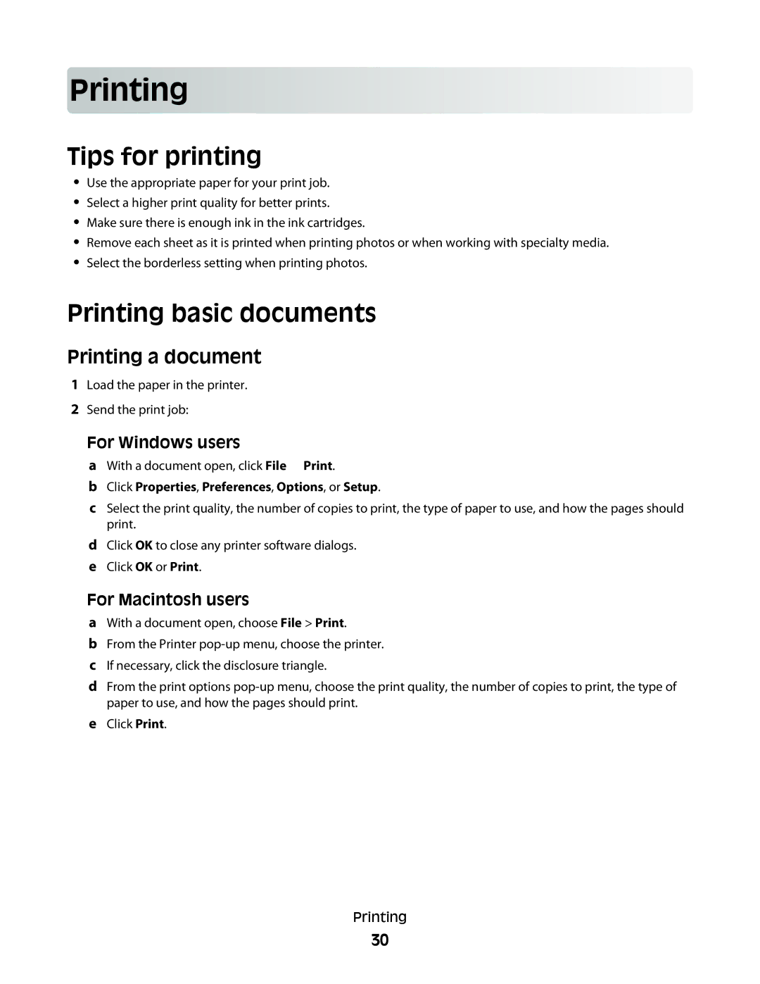 Lexmark S400 Series manual Prin ting, Tips for printing, Printing basic documents, Printing a document 