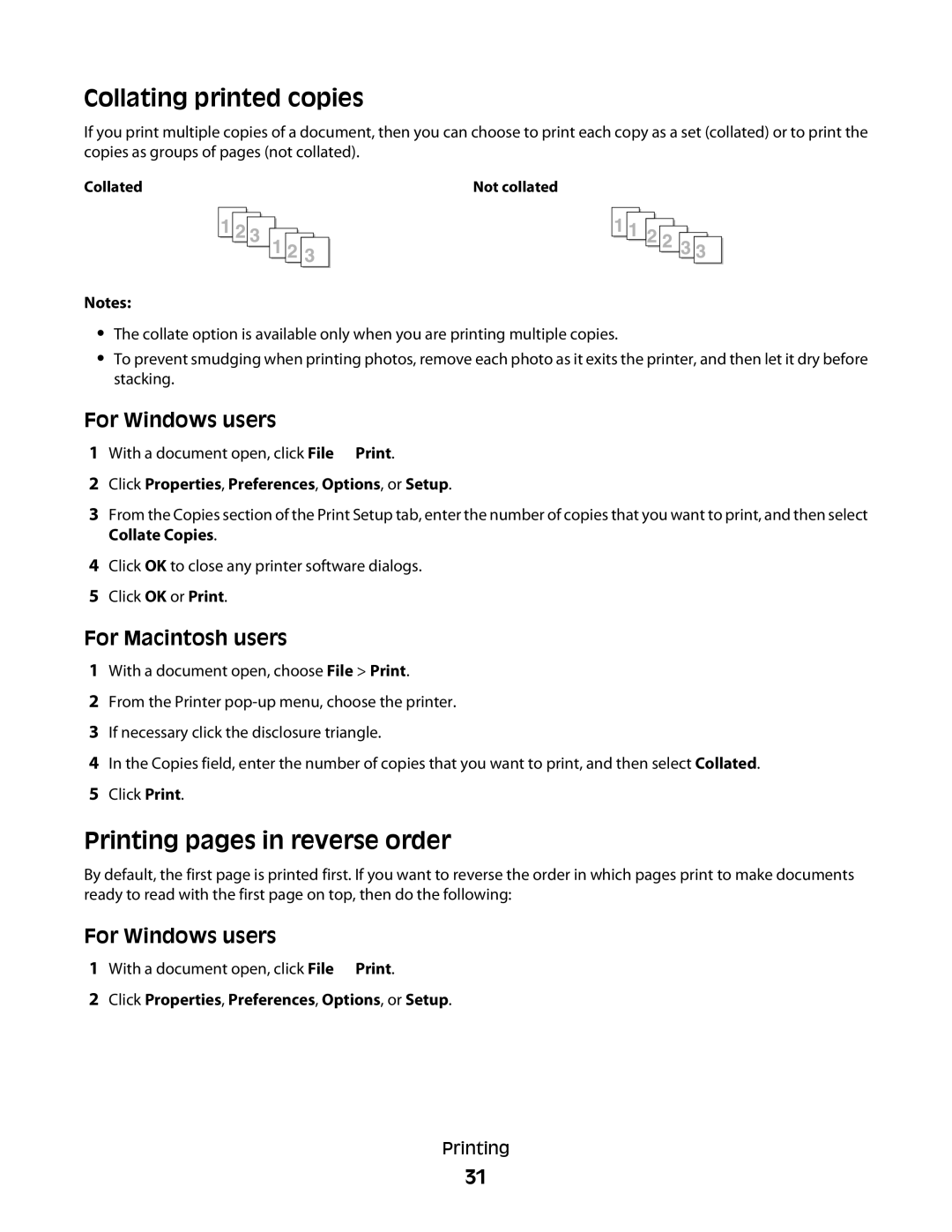 Lexmark S400 Series manual Collating printed copies, Printing pages in reverse order 