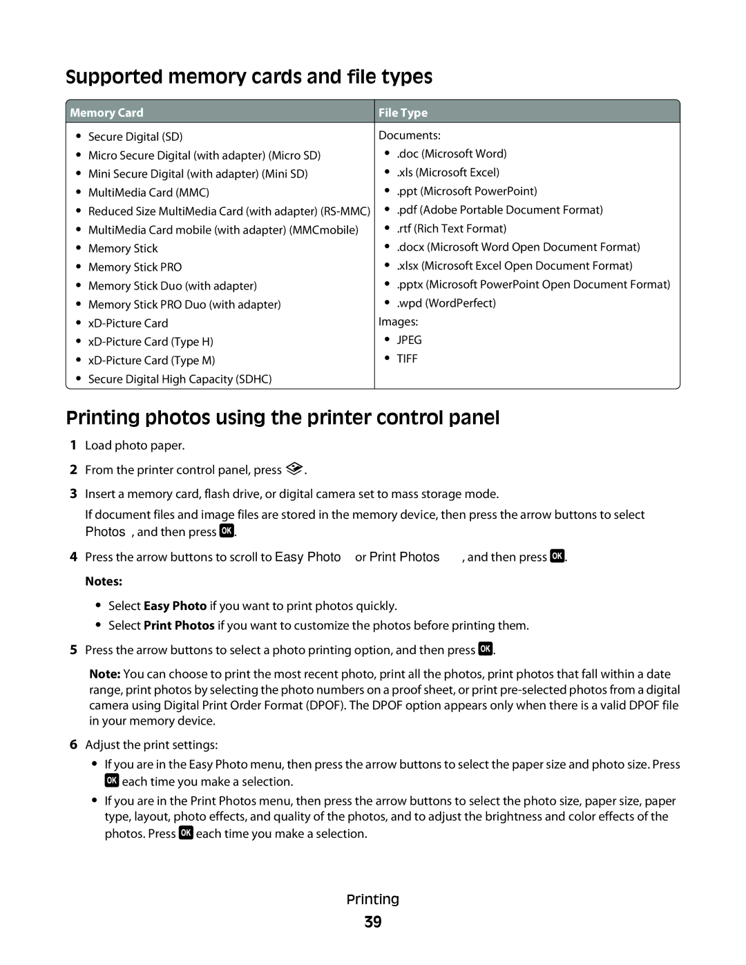 Lexmark S400 Series manual Supported memory cards and file types, Printing photos using the printer control panel 