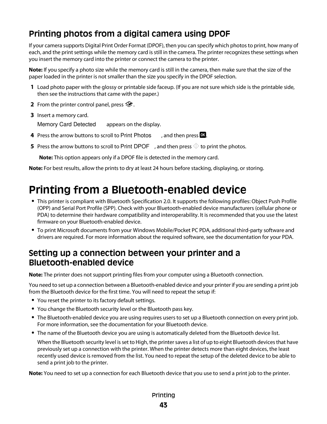 Lexmark S400 Series manual Printing from a Bluetooth-enabled device, Printing photos from a digital camera using Dpof 