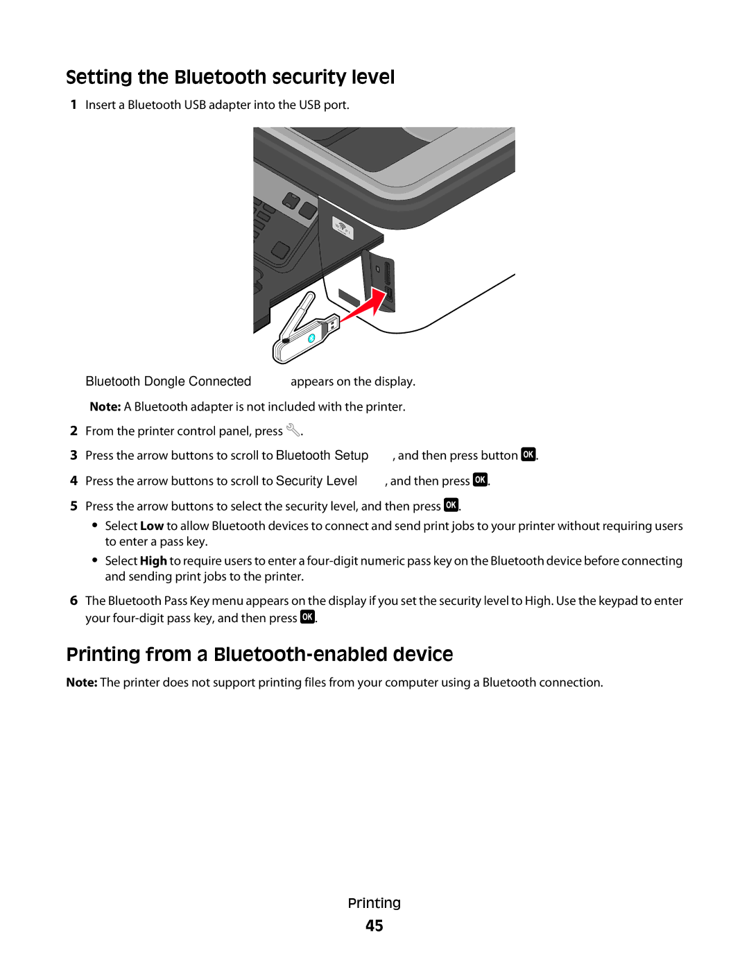 Lexmark S400 Series manual Setting the Bluetooth security level, Printing from a Bluetooth-enabled device 