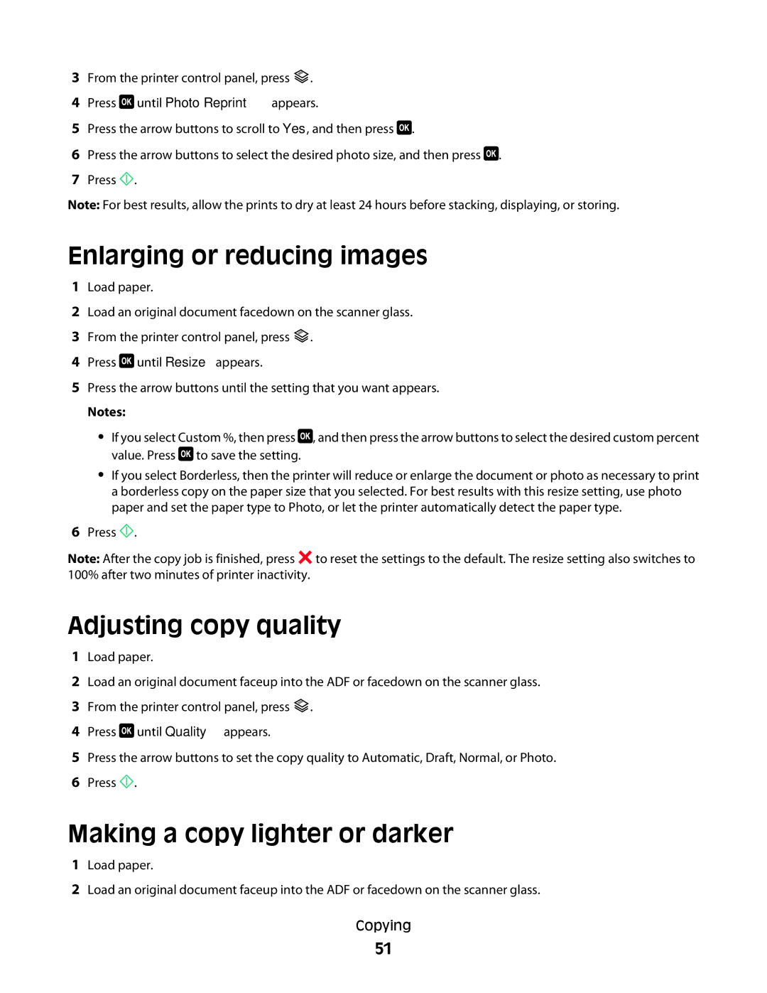 Lexmark S400 Series manual Enlarging or reducing images, Adjusting copy quality, Making a copy lighter or darker 