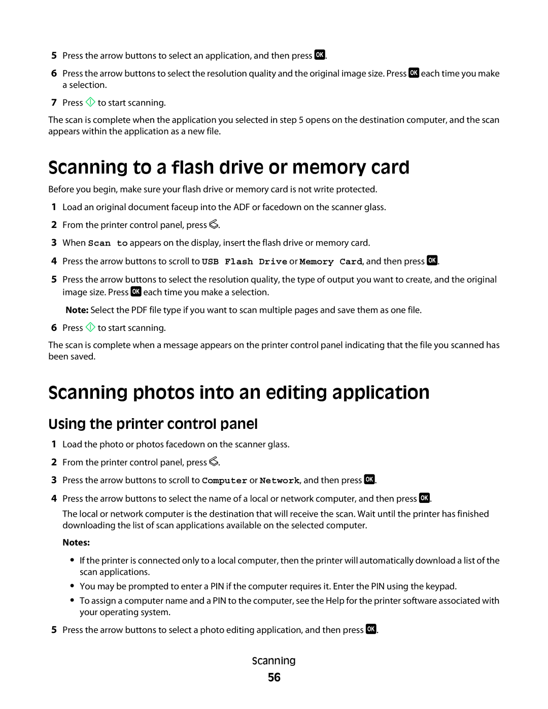 Lexmark S400 Series manual Scanning to a flash drive or memory card, Scanning photos into an editing application 