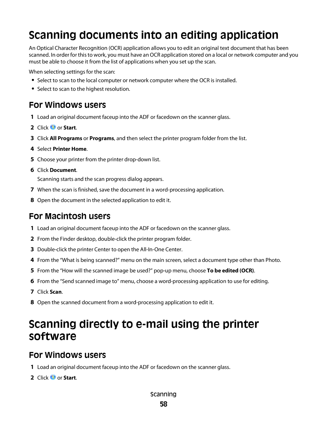 Lexmark S400 Series Scanning documents into an editing application, Scanning directly to e-mail using the printer software 