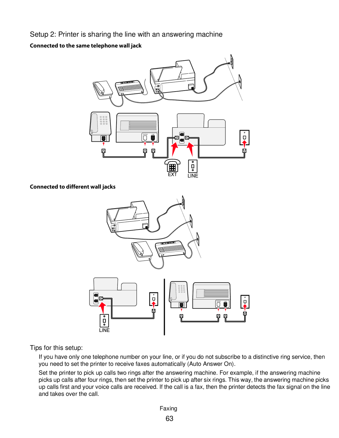 Lexmark S400 Series manual Connected to the same telephone wall jack, Connected to different wall jacks 