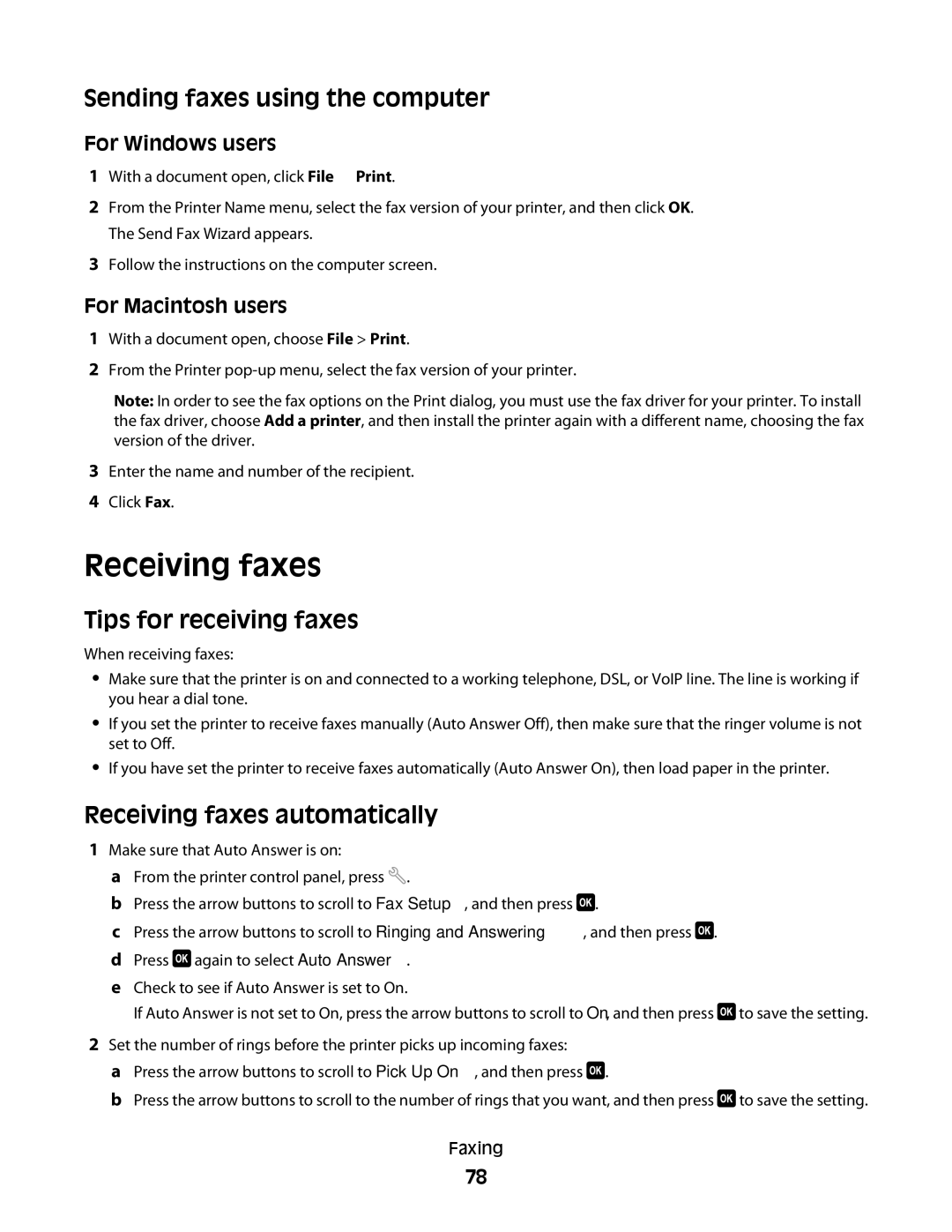 Lexmark S400 Series manual Receiving faxes, Sending faxes using the computer, Tips for receiving faxes 