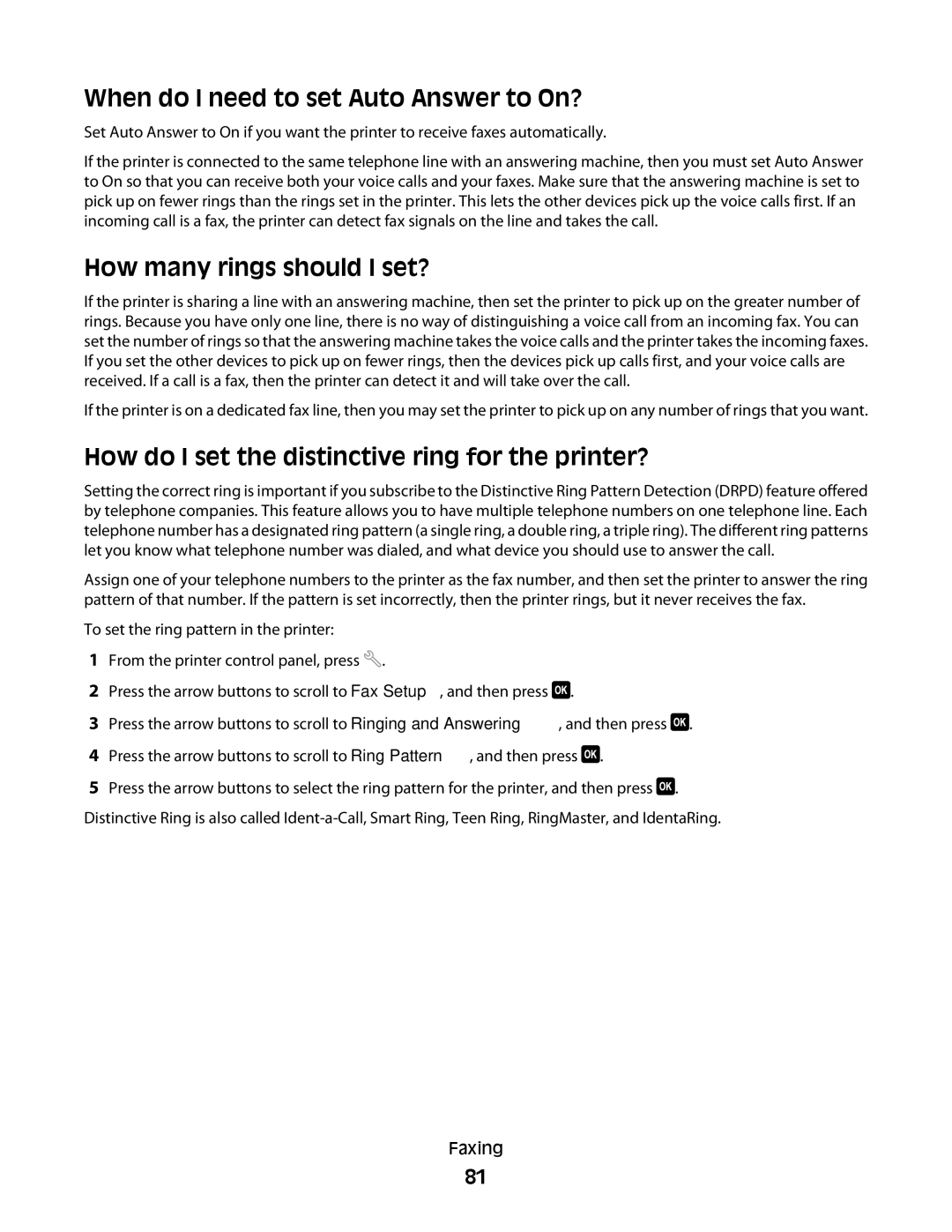 Lexmark S400 Series manual When do I need to set Auto Answer to On?, How many rings should I set? 