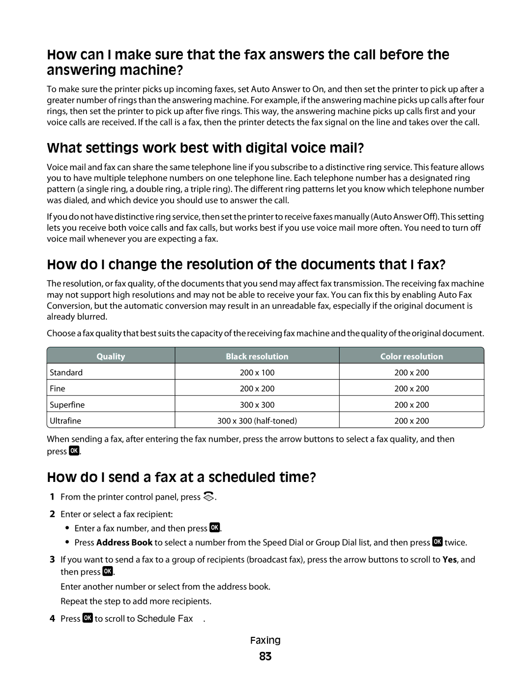 Lexmark S400 Series manual What settings work best with digital voice mail?, How do I send a fax at a scheduled time? 