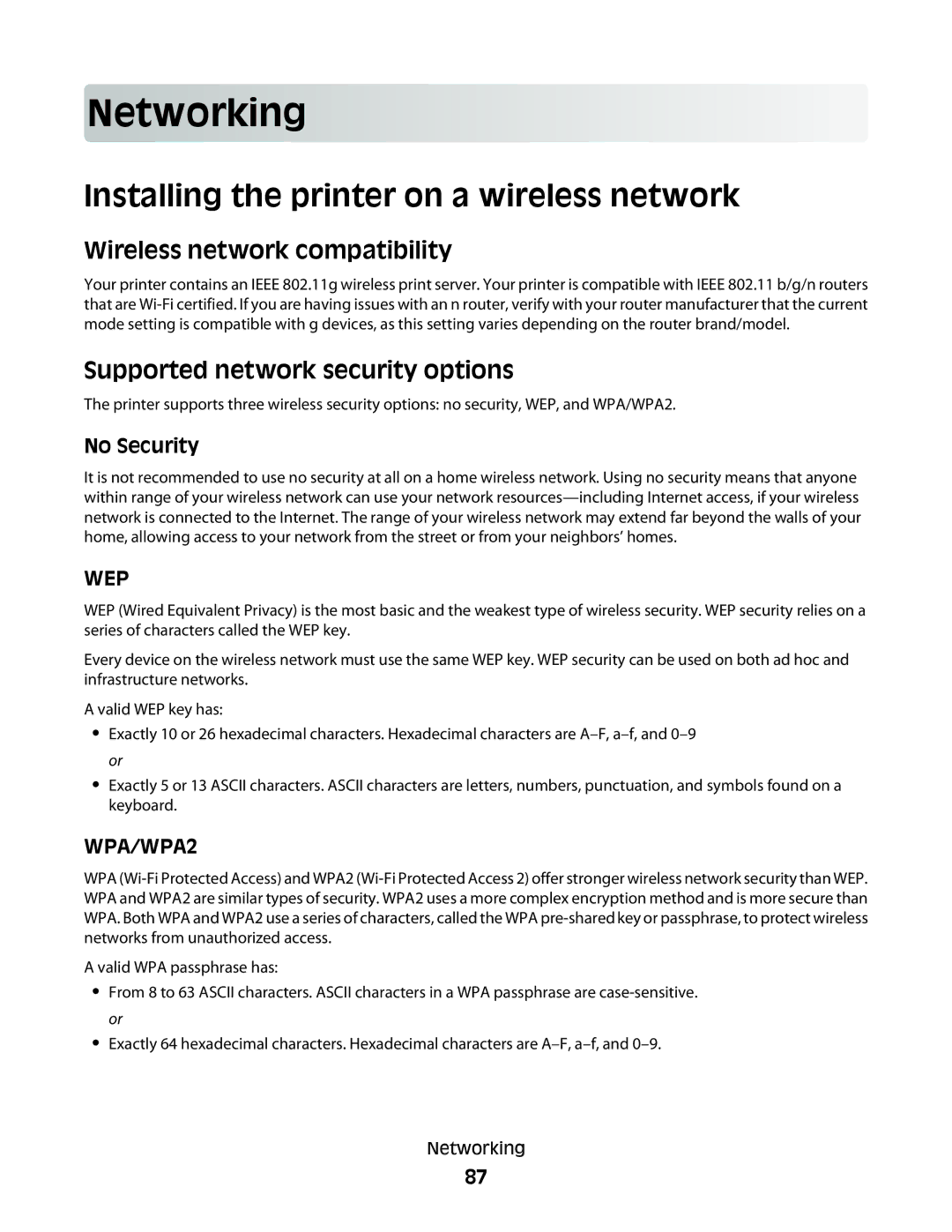 Lexmark S400 Series Netwo rking, Installing the printer on a wireless network, Wireless network compatibility, No Security 