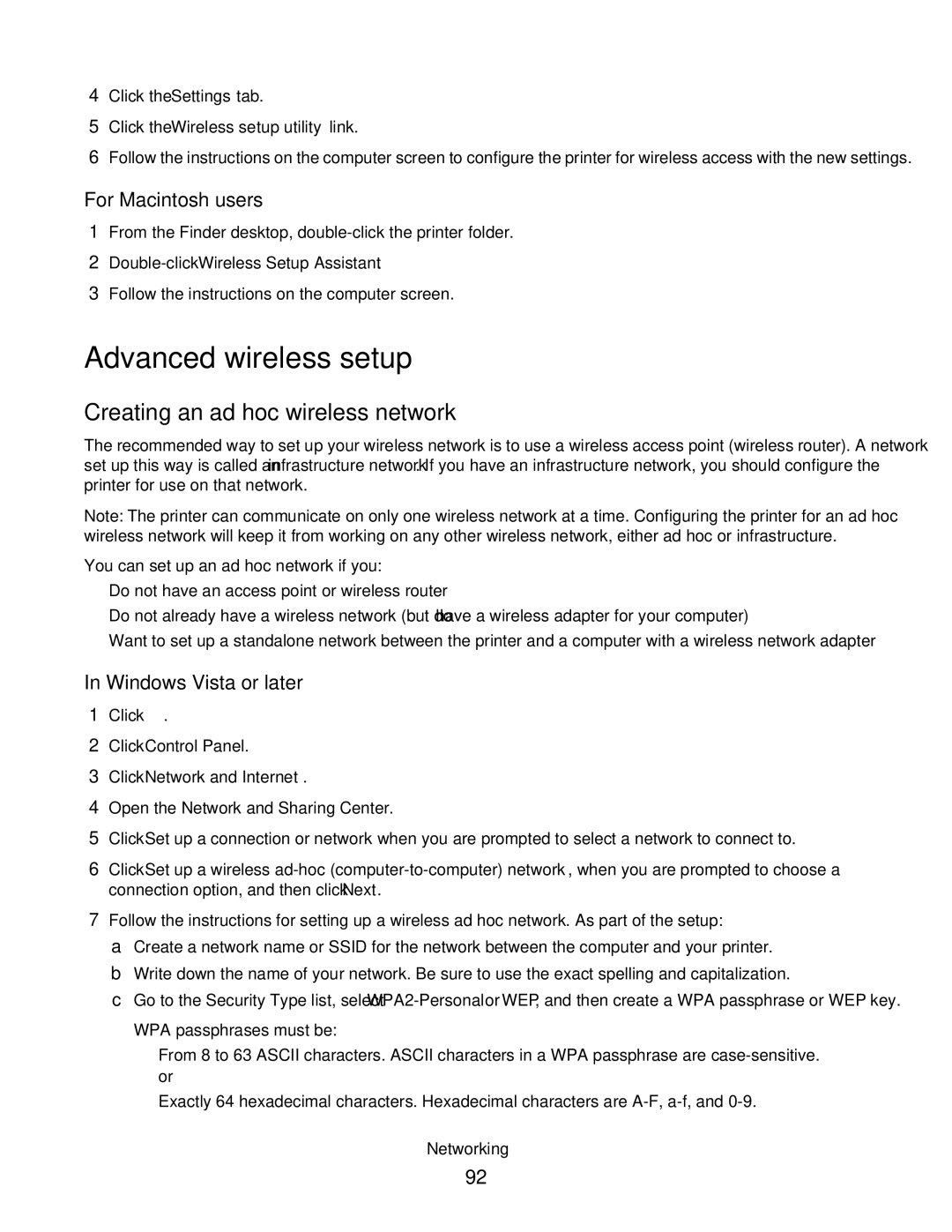 Lexmark S400 Series manual Advanced wireless setup, Creating an ad hoc wireless network, Windows Vista or later 