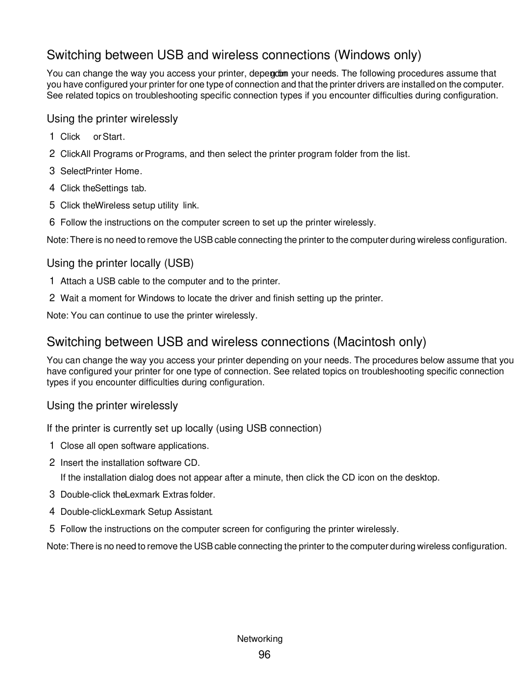 Lexmark S400 Series manual Switching between USB and wireless connections Windows only, Using the printer wirelessly 