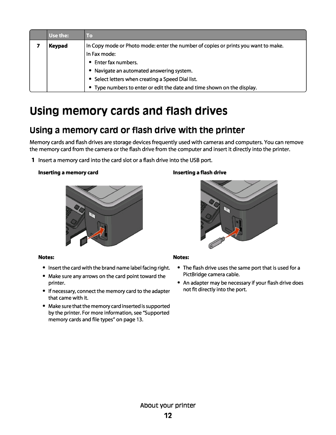 Lexmark S400 Using memory cards and flash drives, Using a memory card or flash drive with the printer, Use the, Keypad 