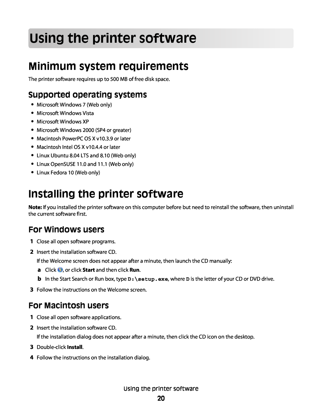 Lexmark S400 Usingtheprintersoftware, Minimum system requirements, Installing the printer software, For Windows users 