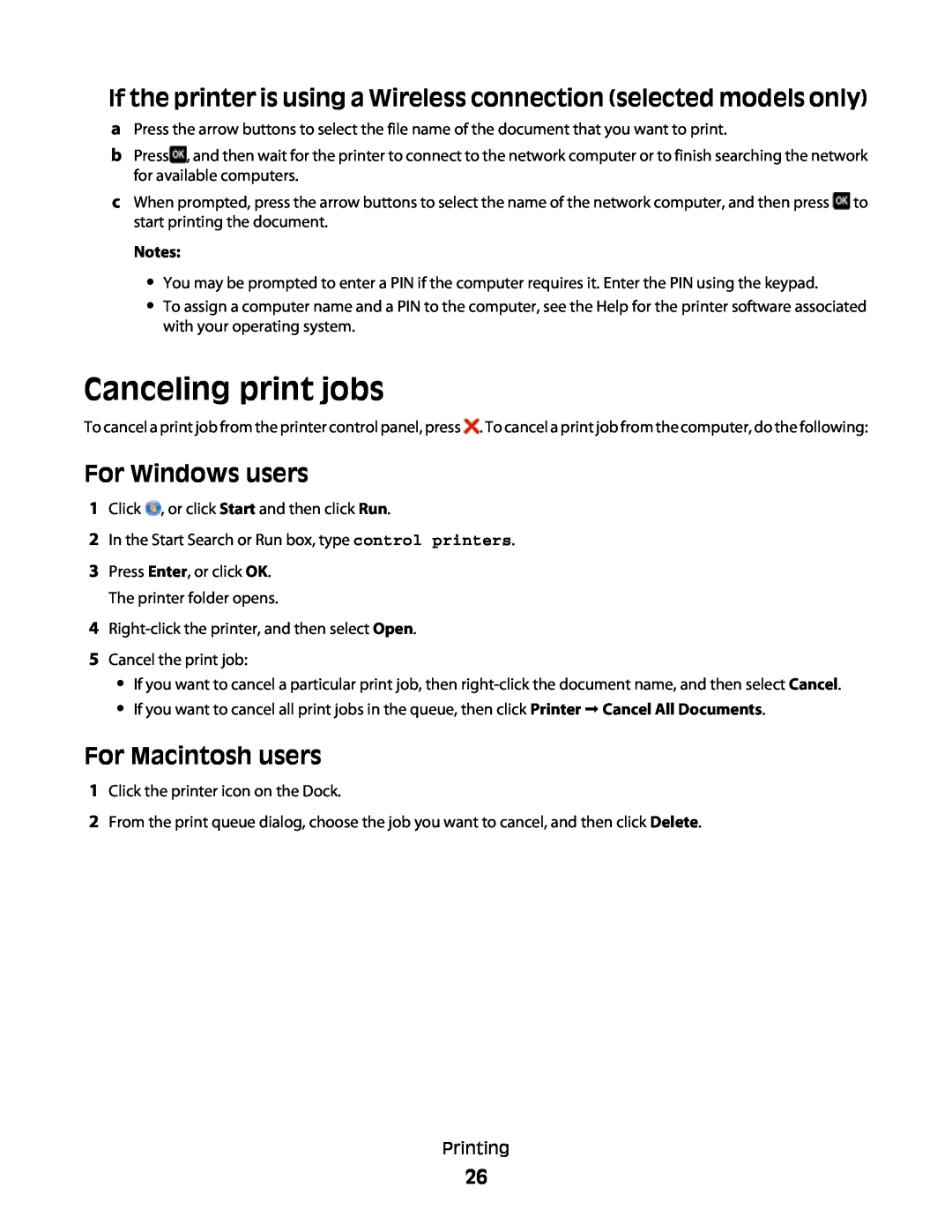Lexmark S400 Canceling print jobs, If the printer is using a Wireless connection selected models only, For Windows users 