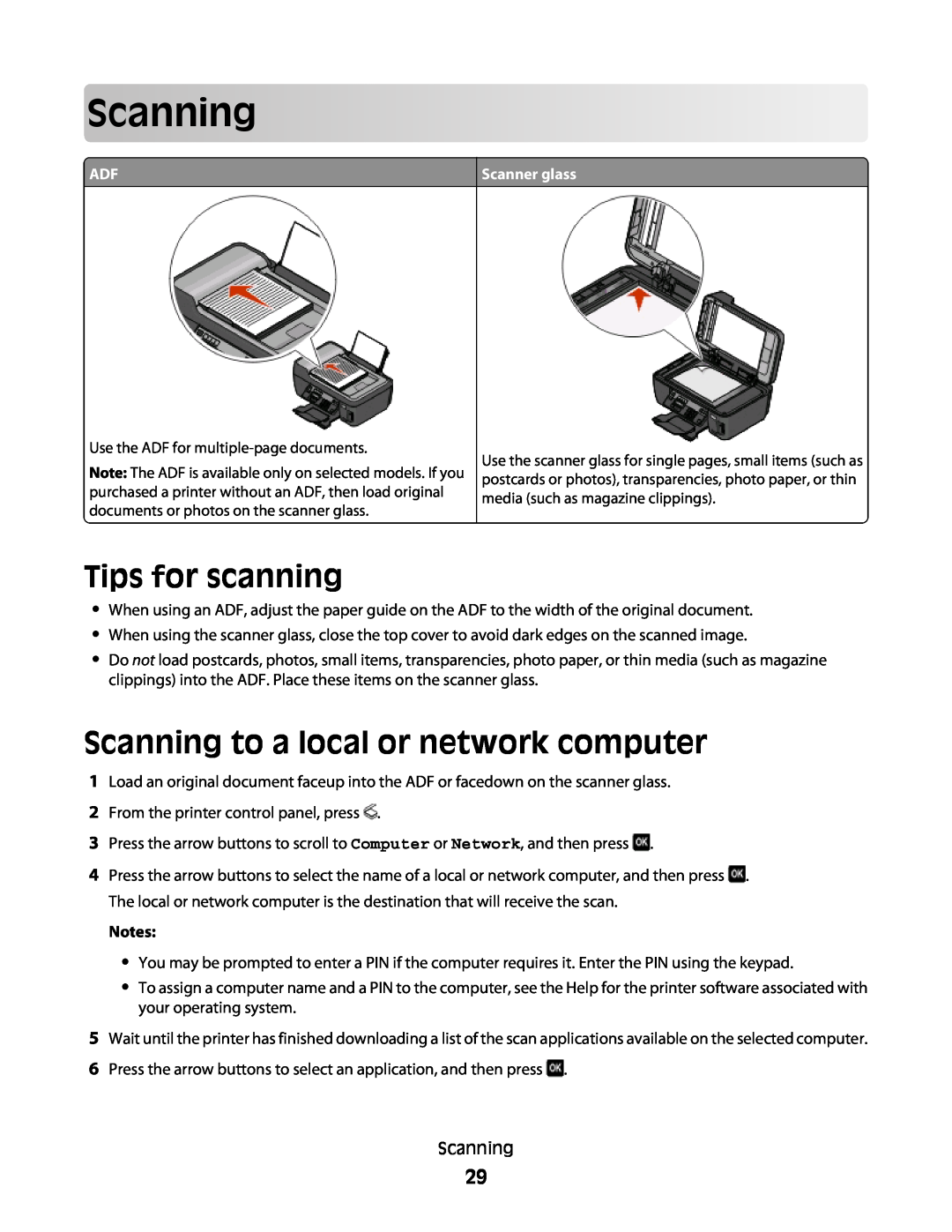 Lexmark S400 manual Tips for scanning, Scanning to a local or network computer 