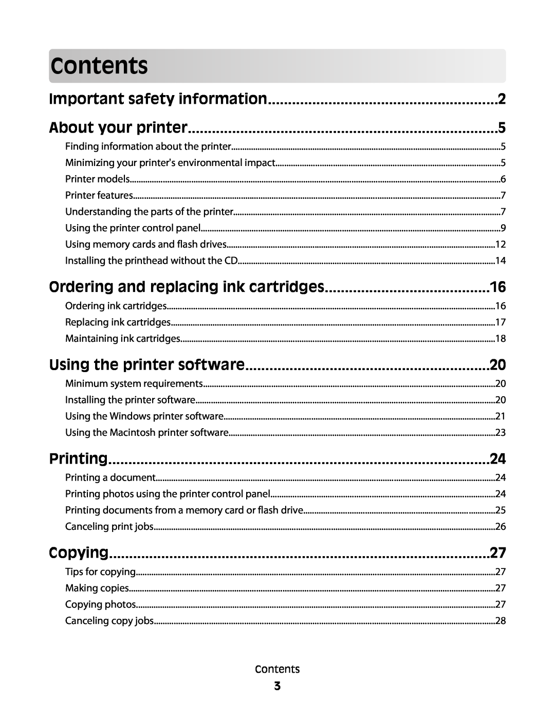 Lexmark S400 Contents, Important safety information, About your printer, Ordering and replacing ink cartridges, Printing 