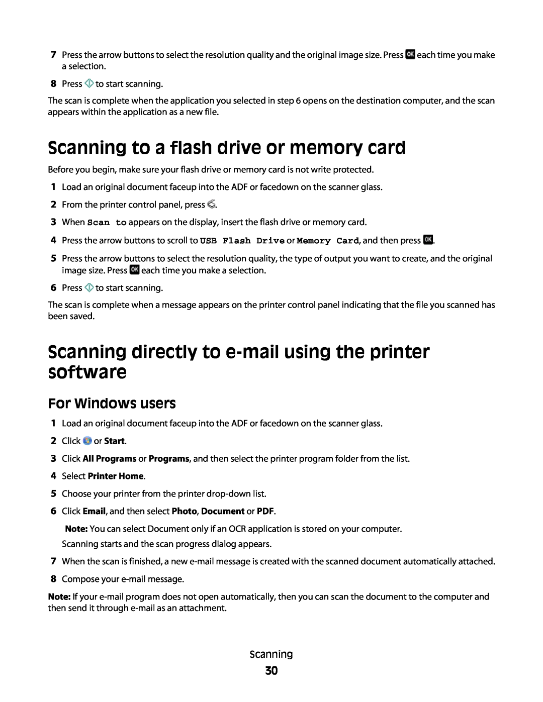 Lexmark S400 manual Scanning to a flash drive or memory card, Scanning directly to e-mail using the printer software 