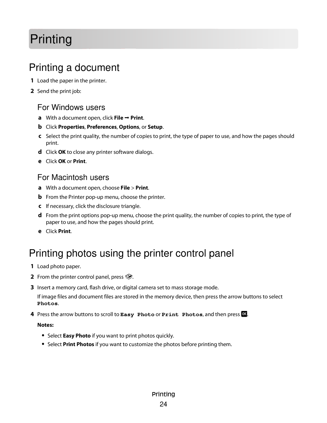 Lexmark S400 manual Prin ting, Printing a document, Printing photos using the printer control panel 