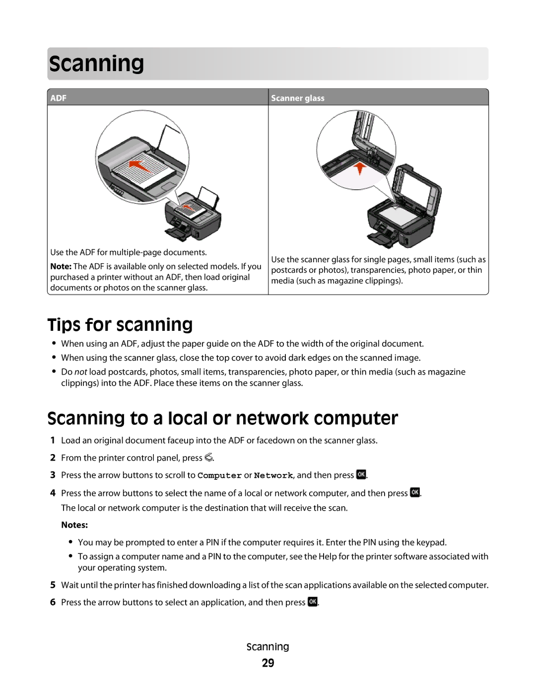 Lexmark S400 manual Scan ning, Tips for scanning, Scanning to a local or network computer 